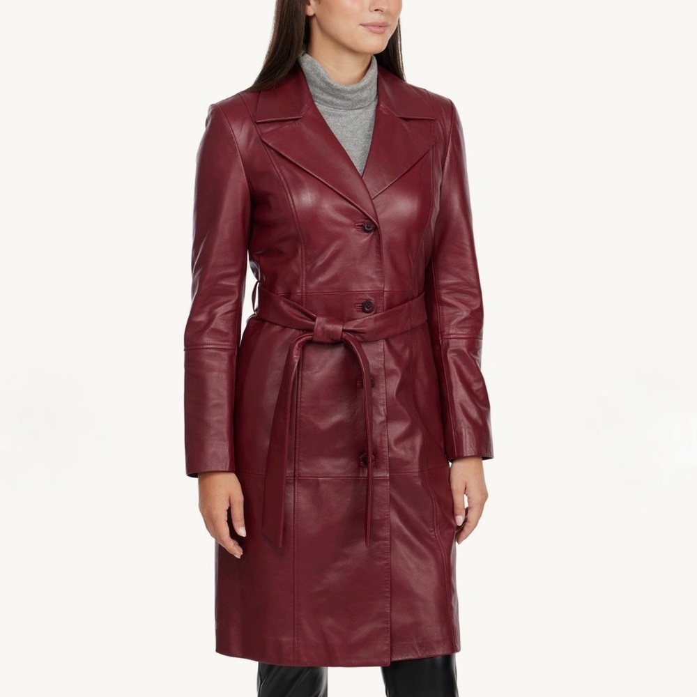 Badgley Mischka Tinsley Lamb Leather Trench Coat Bordeaux Oxblood NWT Size Small - Picture 5 of 11